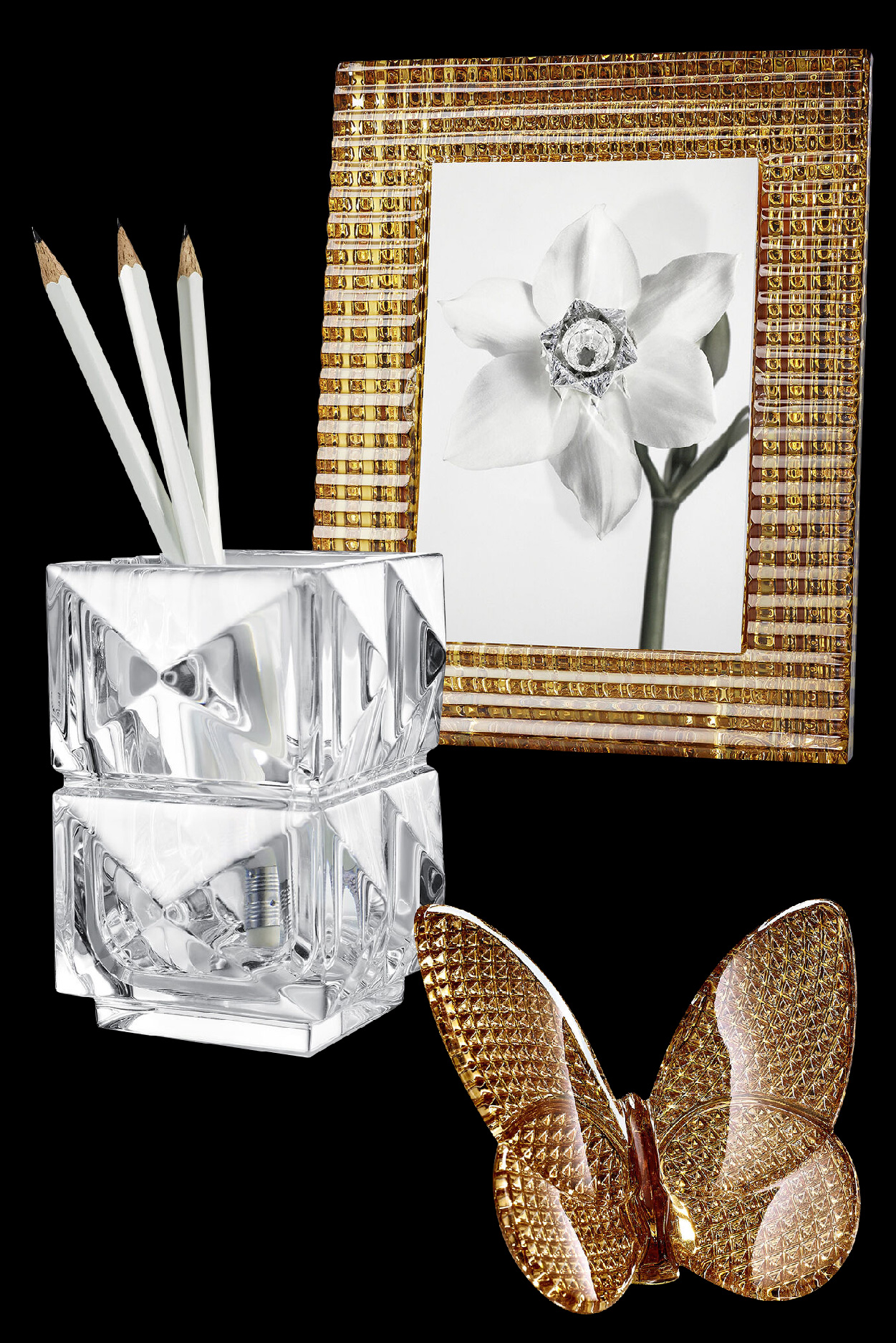Baccarat Crystal at Society Awards with the Papillon Lucky Butterfly, Louxor Pencil Holder, and sparkling photo frames